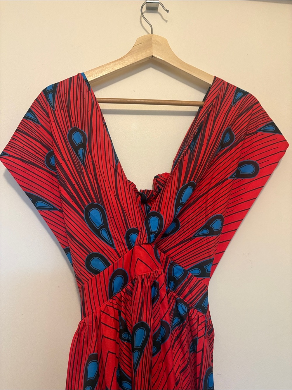 Red V-Neck Maxi Dress with Blue Teardrop Print and multi fold tie back